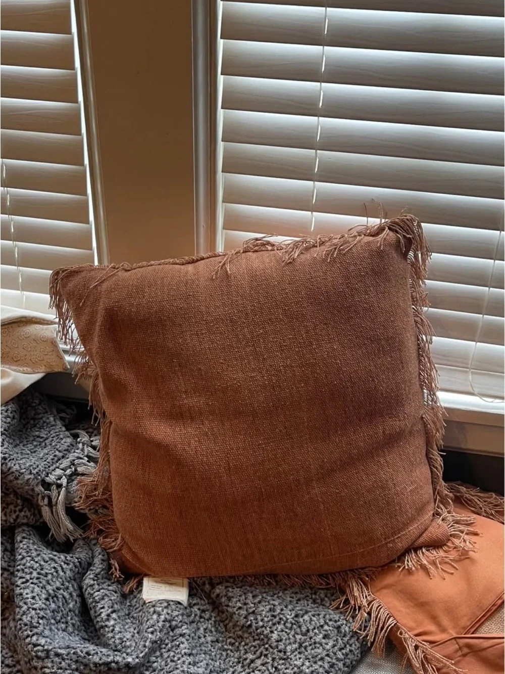 Set of 2 Terracotta Fringe Pillow Covers 22x22 Woven Boho